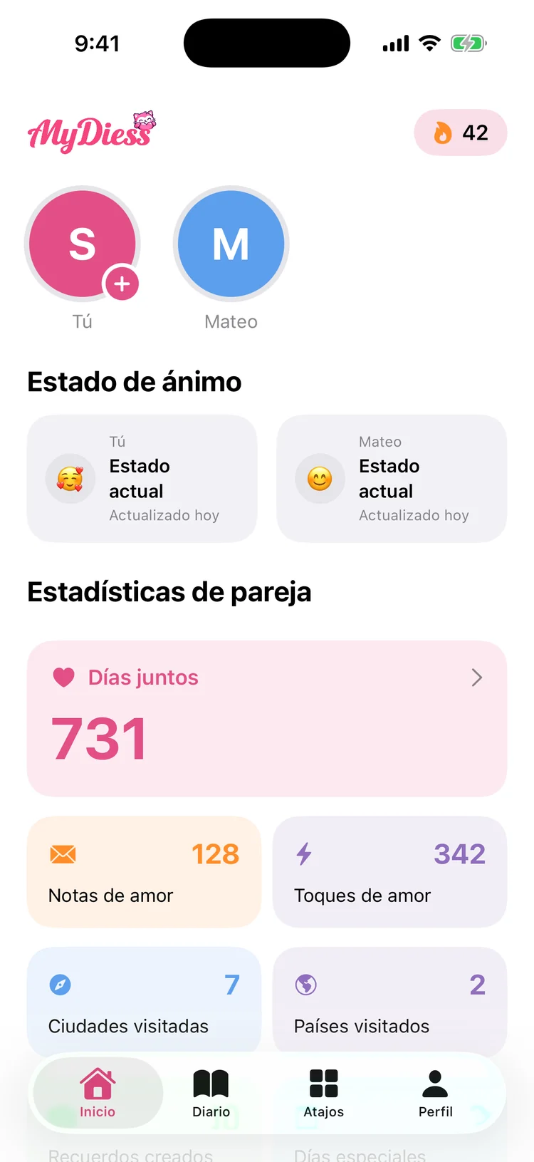 Inicio de MyDiess con días juntos, estado de ánimo y estadísticas