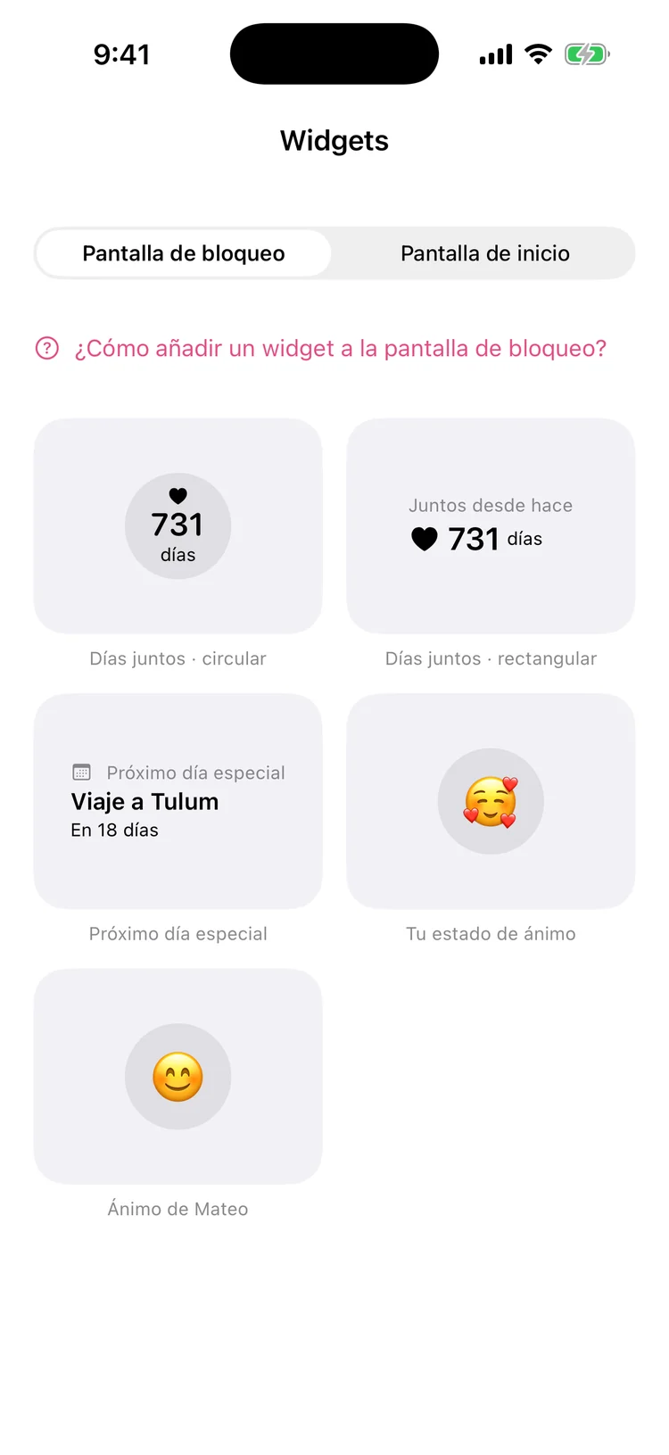 Pantalla de widgets de MyDiess